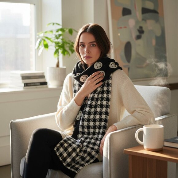 Don’t Smile At Me Reversible Black White Smiley Face Checkered Scarf Soft Cozy - Picture 3 of 4